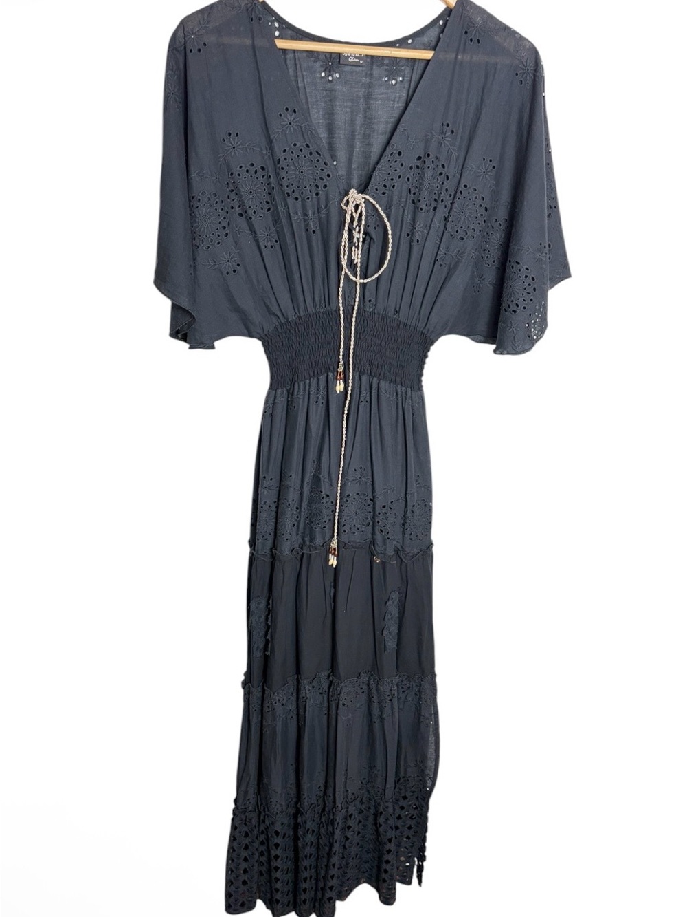 By O la la black lace angel sleeves smocked waist maxi dress with tassels fits M